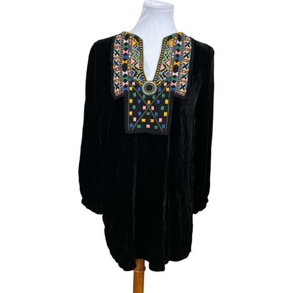 Zara Black Floral Embroidered Oversized Tunic Top Size S Small Boho Velvet LS - Picture 2 of 8